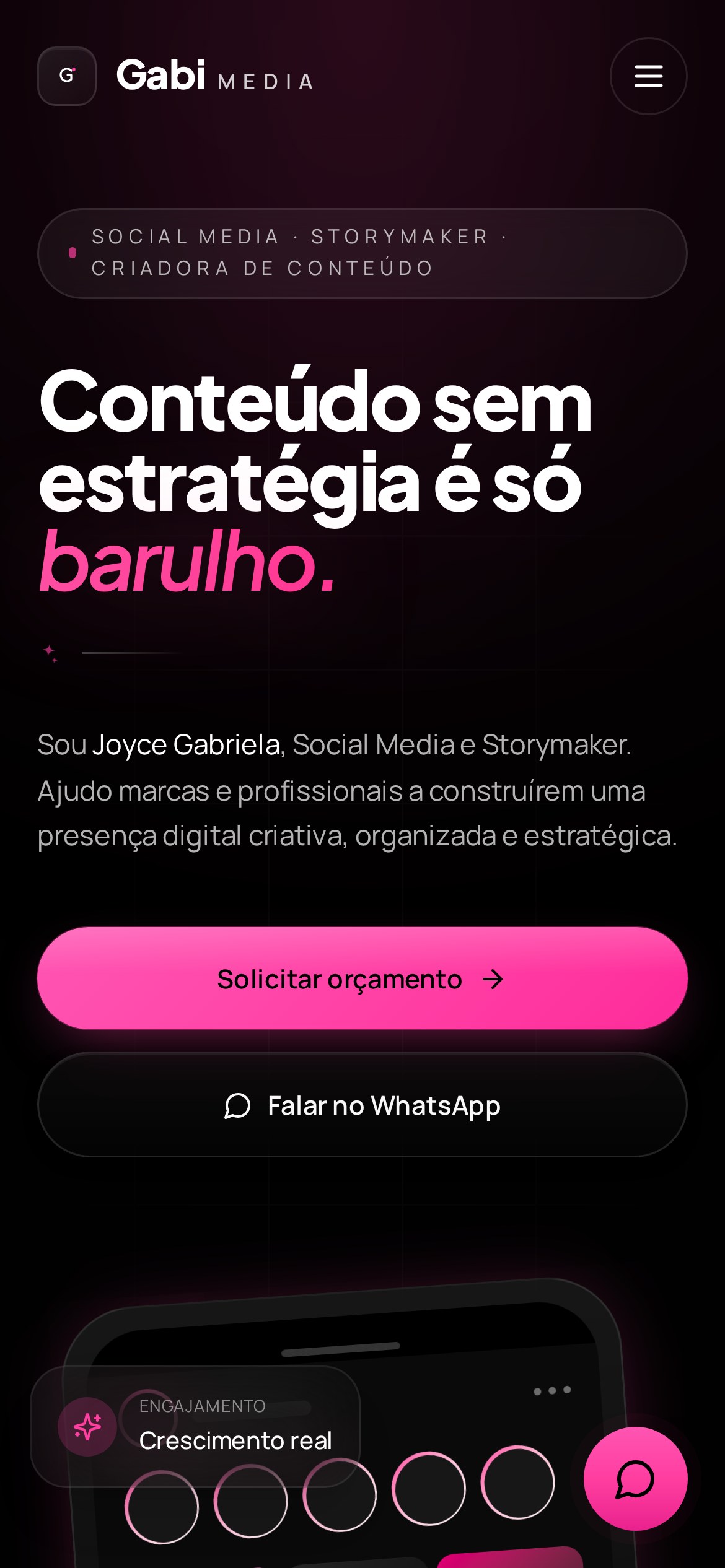 Mockup do site GabiMedia em celular — versão responsiva